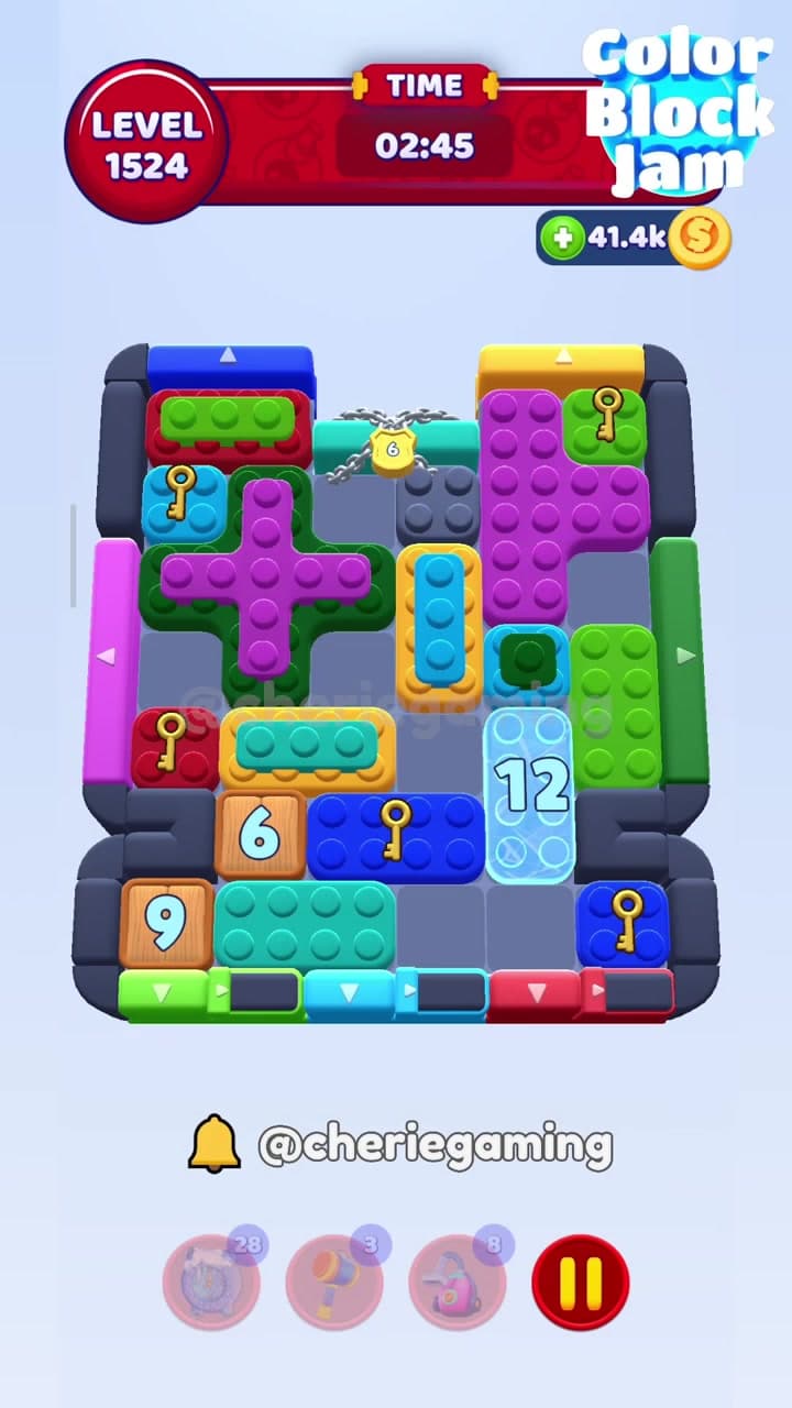 Color Block Jam Level 623 alternate capture of the chain 6 layout with the same keys and bottom exits