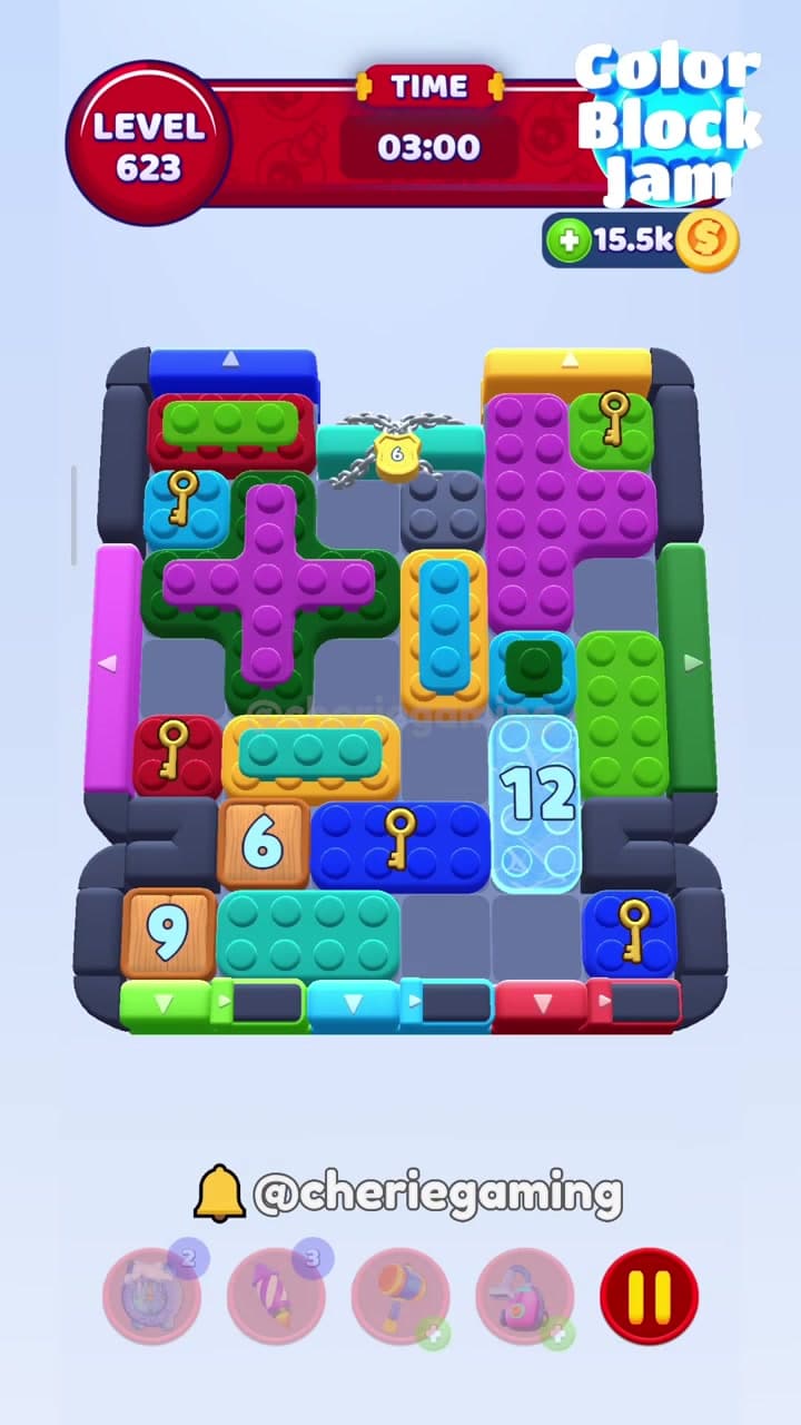 Color Block Jam Level 623 version 1 board with top chain lock 6, wooden 6 and 9 blockers, light-blue 12 block, and several keys