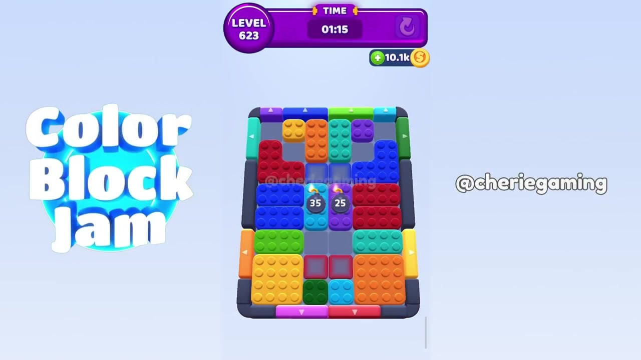 Color Block Jam Level 623 compact landscape board with central 35 and 25 number blocks and red, blue, green, purple, yellow, cyan exits