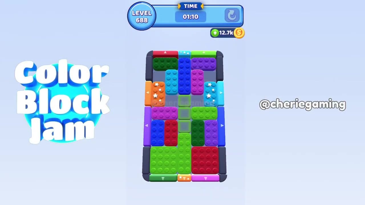 Color Block Jam Level 688 compact version with red green purple cyan exits and a narrow three-cell center lane