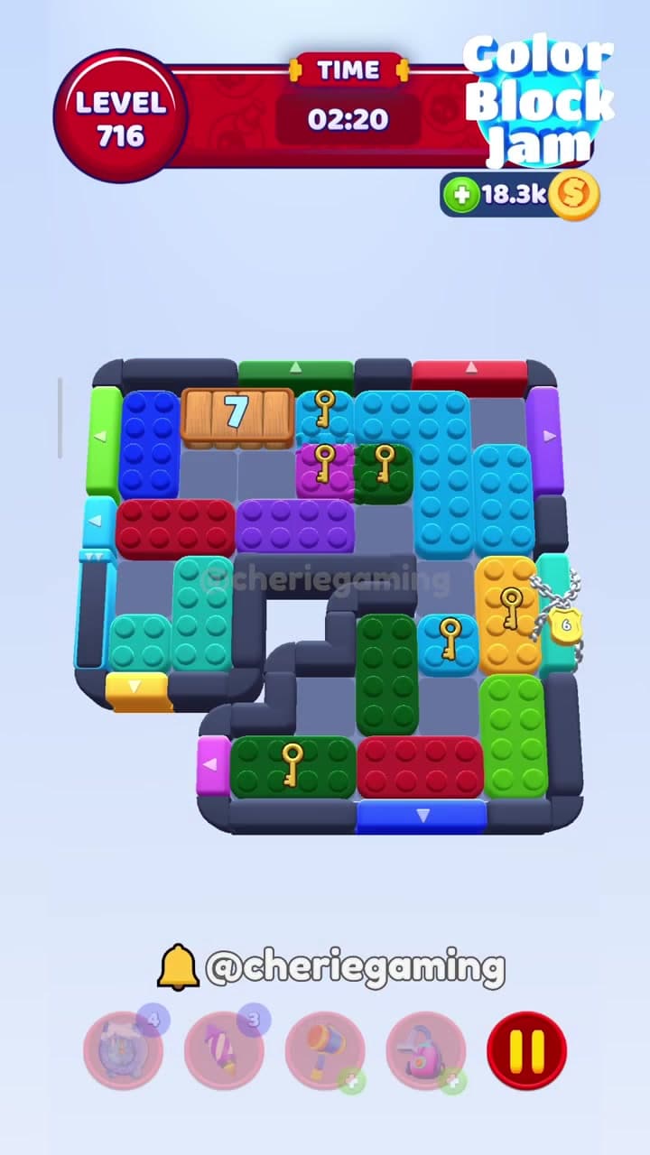 Color Block Jam Level 716 version 1 with right-side chain lock 6, wooden 7, many key blocks, and cyan green red exits