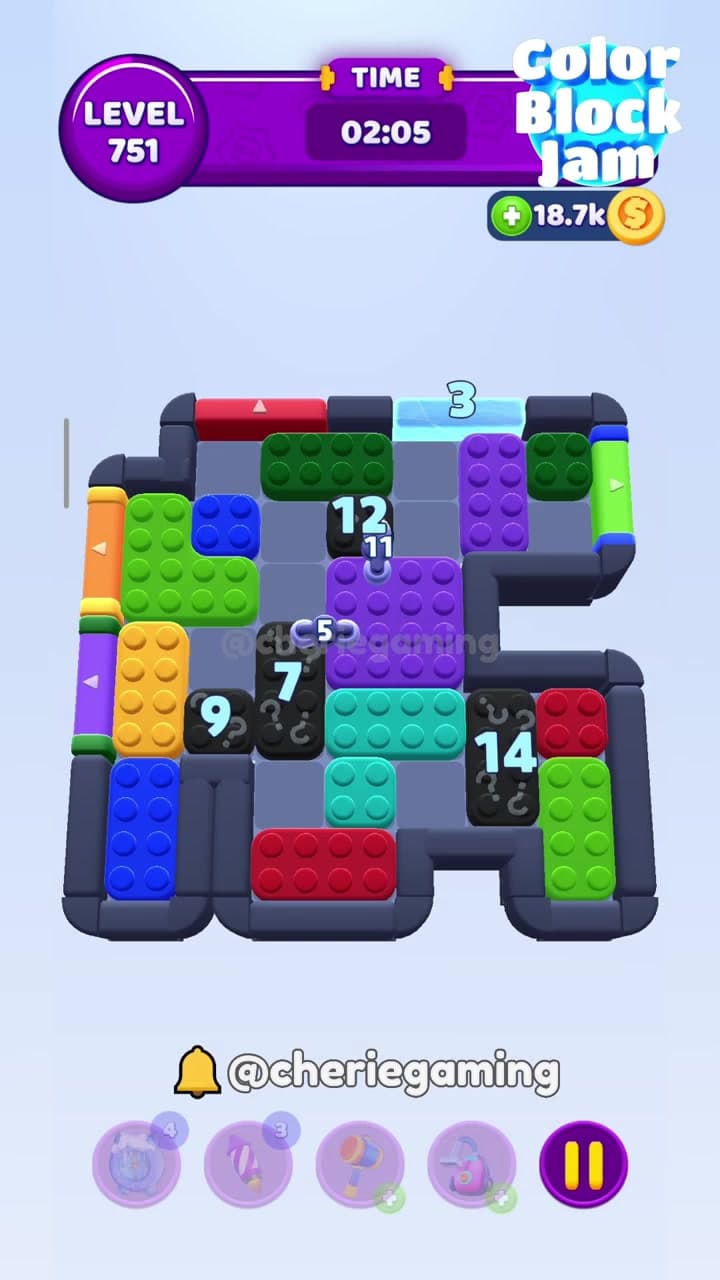 Color Block Jam Level 751 version 1 with black numbered blockers 9 7 12 11 14 and rope lock 5