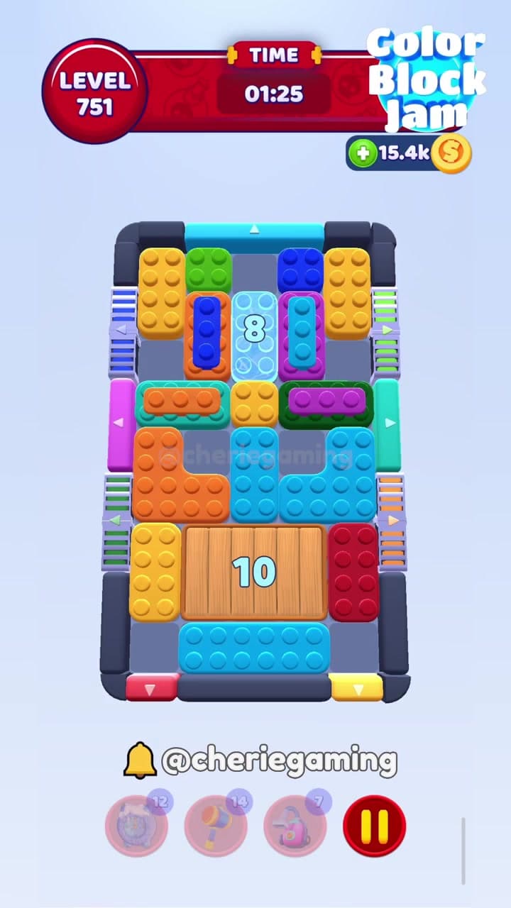 Color Block Jam Level 751 version 2 with wooden crate 10, central light-blue 8, and four side gates