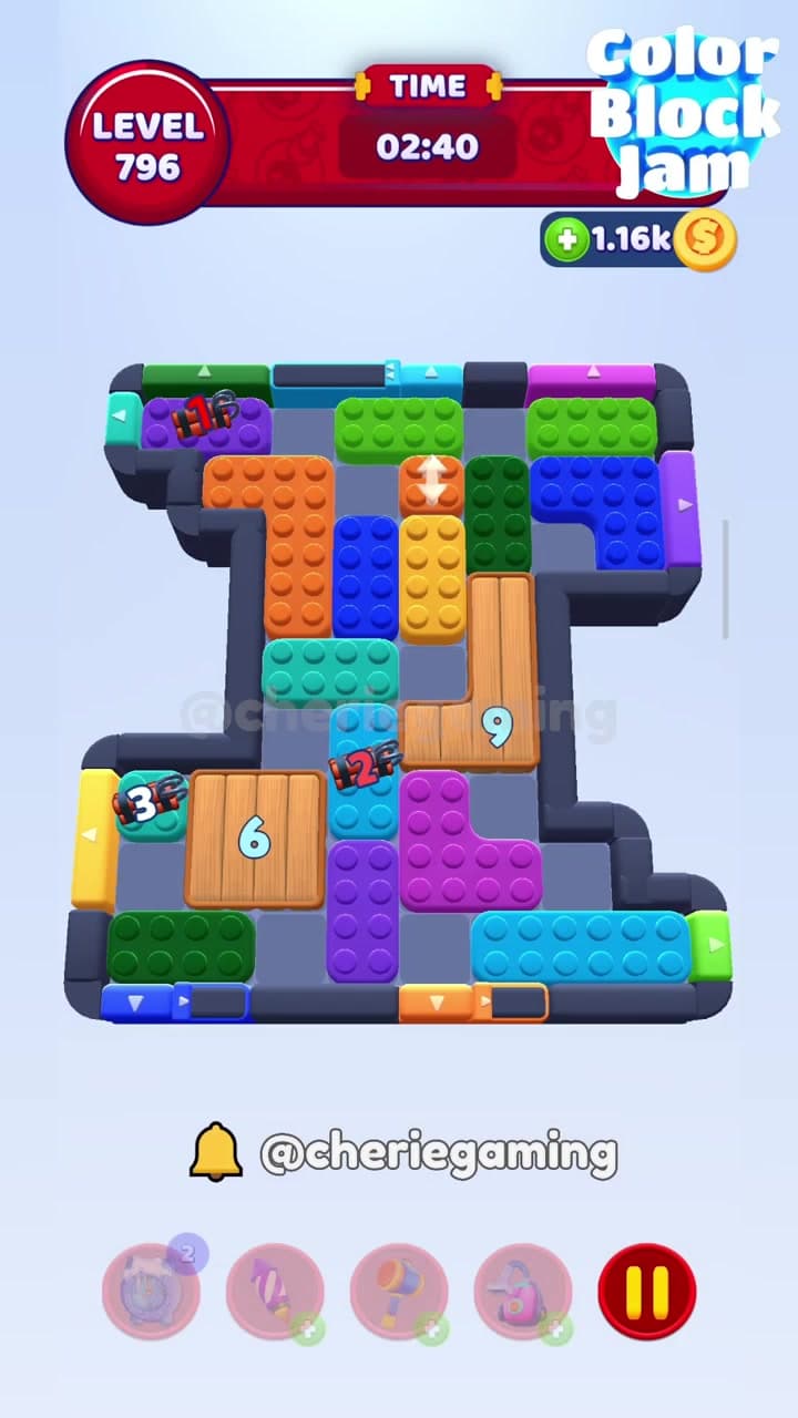 Color Block Jam Level 796 version 1 with wooden crates 6 and 9, locks 1 2 3, and long orange and cyan blocks