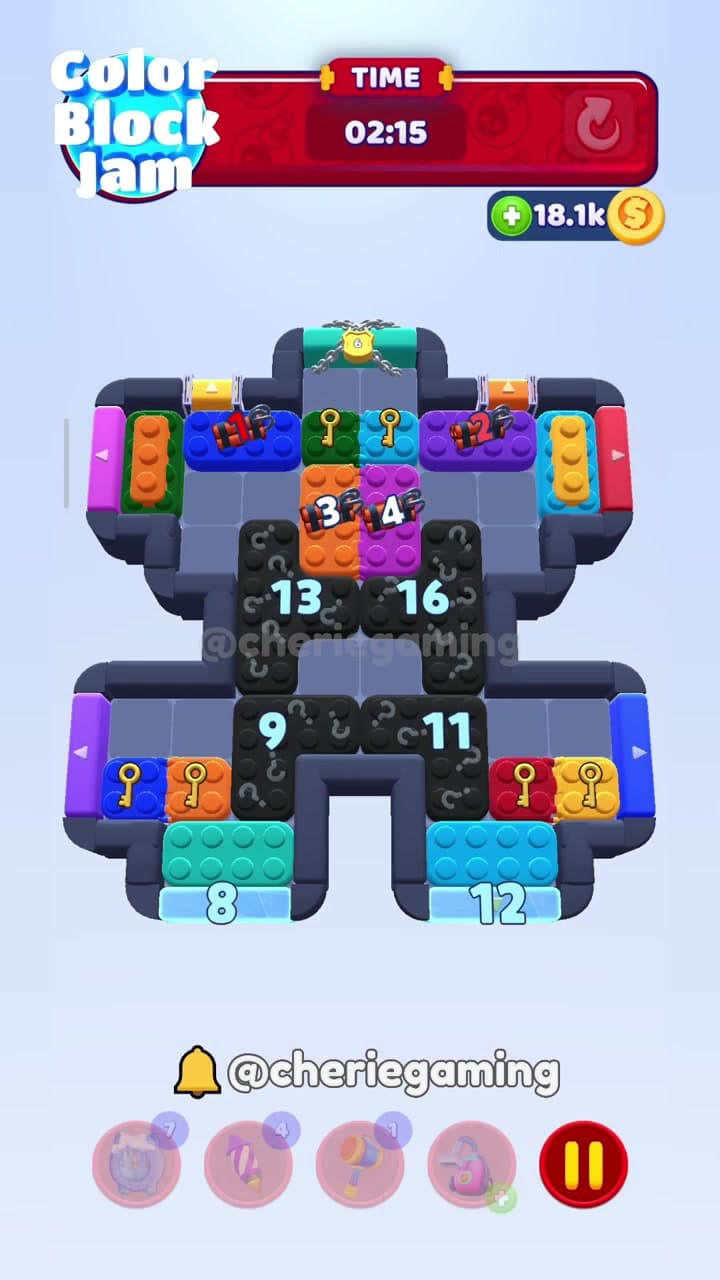 Color Block Jam Level 796 version 2 with top chain 6, black numbered blockers 9 11 13 16, and locks 1 2 3 4