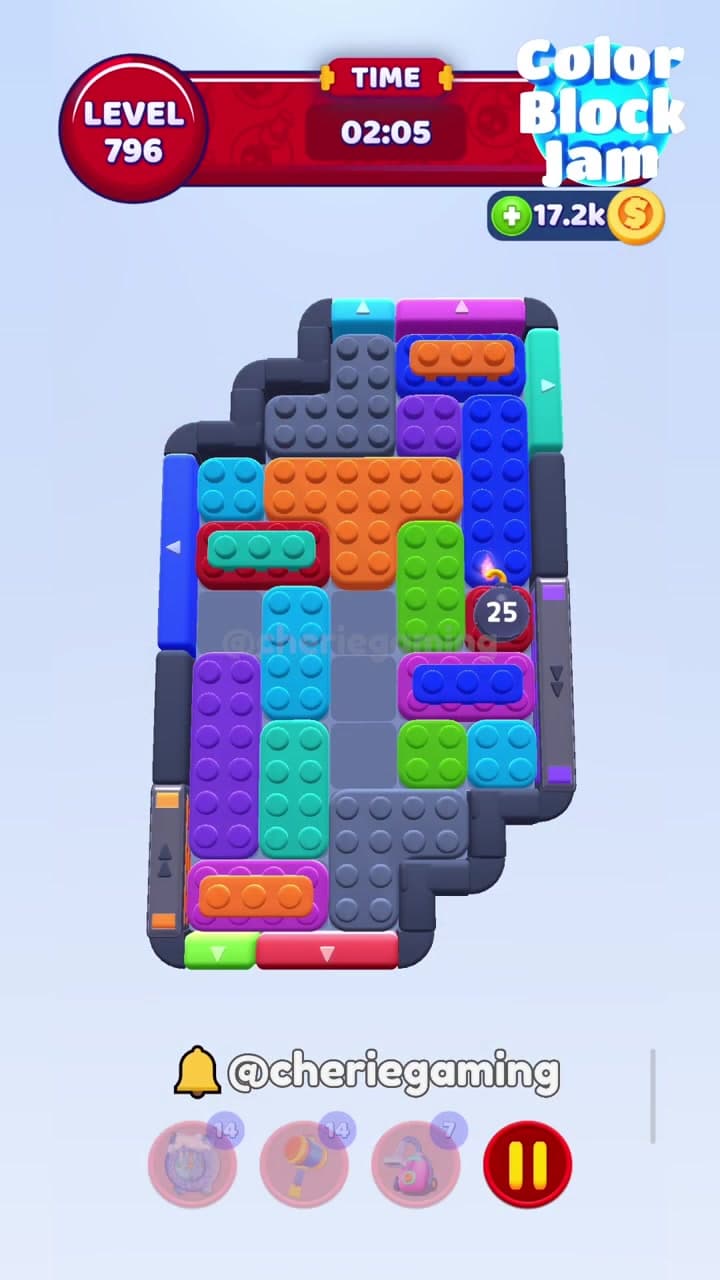 Color Block Jam Level 796 version 3 narrow board with bomb 25, conveyor lanes, gray blockers, and large orange T block