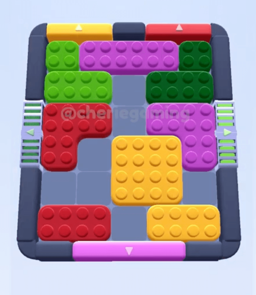 Color Block Jam Level 881 version 3 compact board with red, yellow, purple, and green blocks around side gates