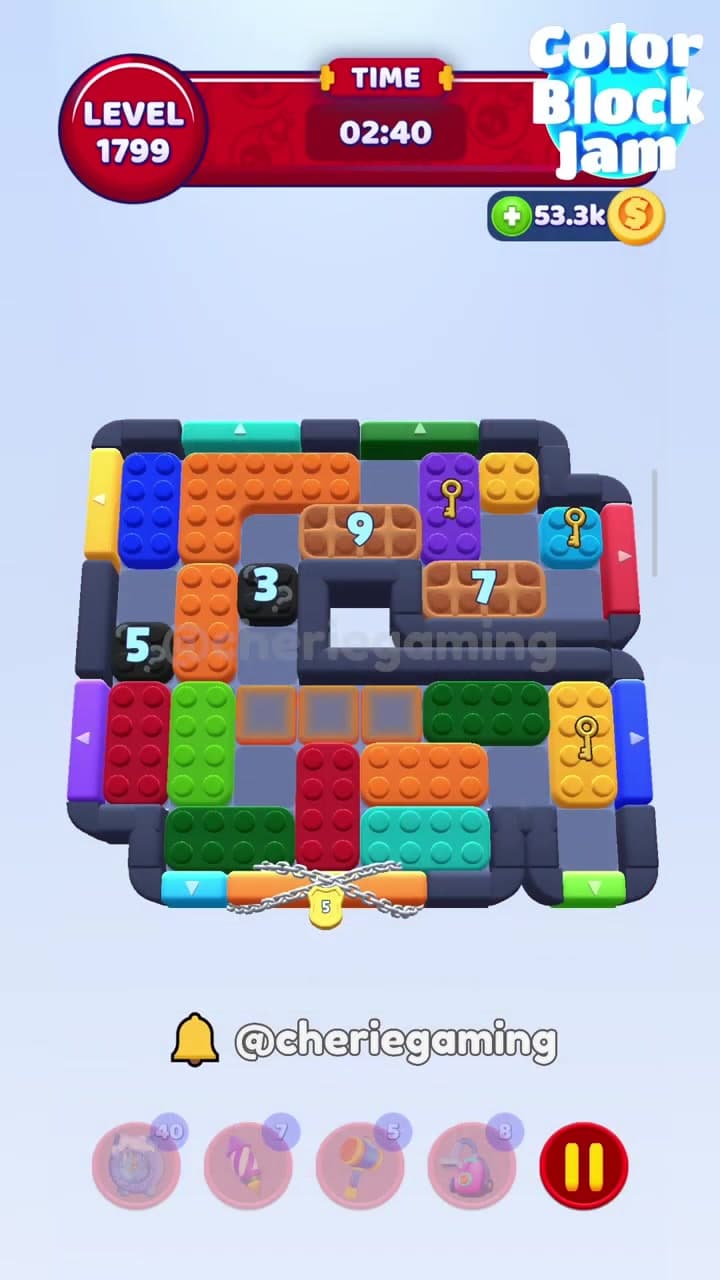 Color Block Jam Level 881 version 2 board with bottom chain, purple key, cyan key, yellow key, and multi-color side exits