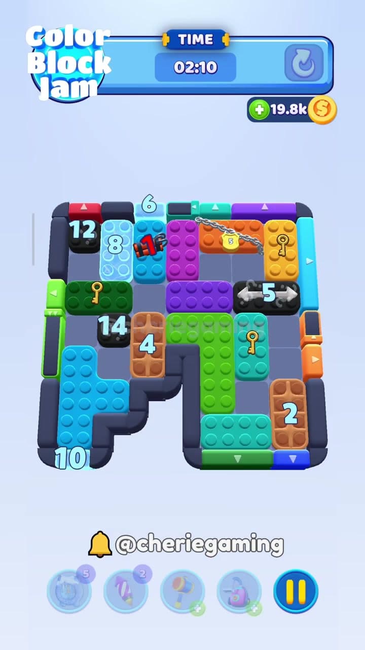 Color Block Jam Level 881 version 1 starting board with a top chain, three keys, numbered blocks, and side exits