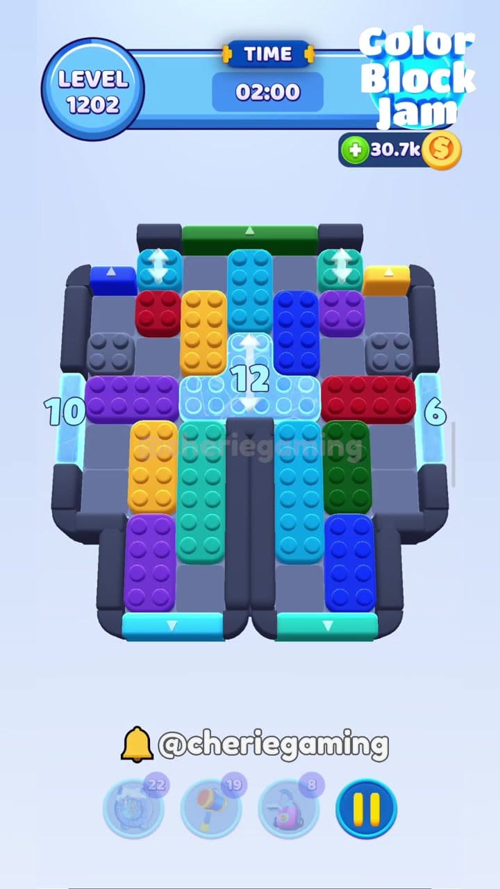 Color Block Jam Level 525 alternate capture showing the same central 12 layout with a 2:00 timer