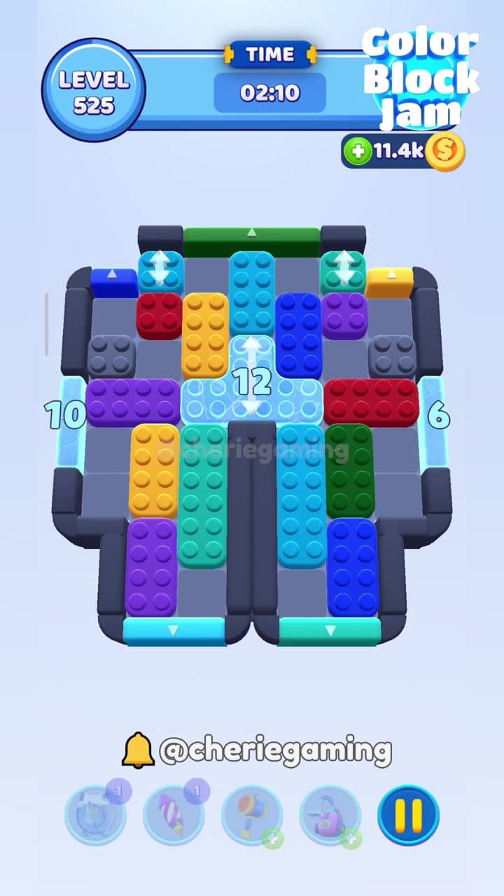Color Block Jam Level 525 version 1 with a central light-blue 12 block, left 10 blocker, right 6 blocker, and top and bottom exits