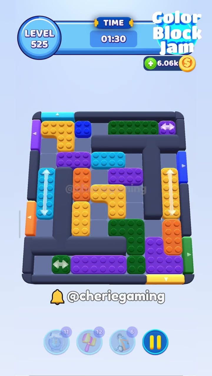 Color Block Jam Level 525 version 2 maze board with orange, yellow, green, purple, cyan, and side arrow blocks