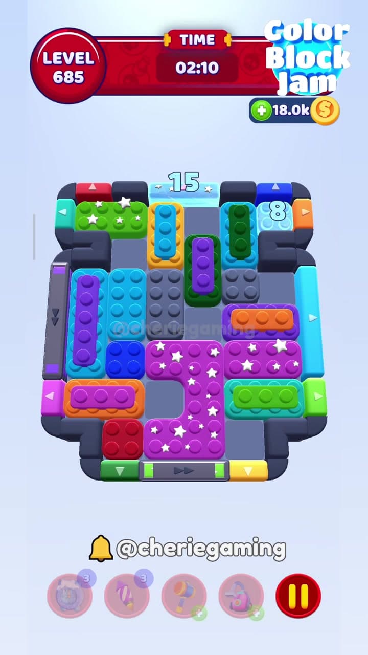 Color Block Jam Level 685 version 1 with star-covered purple blocks, conveyor lanes, light-blue 15 and 8 blockers