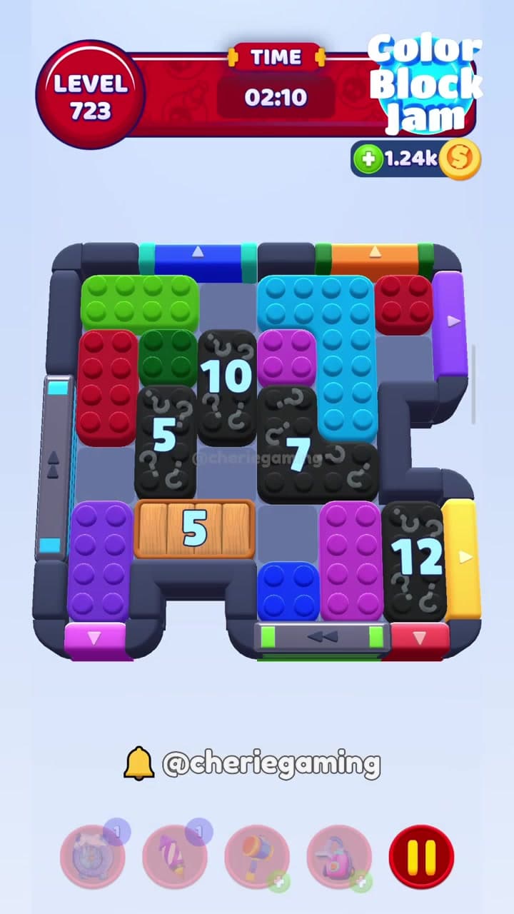 Color Block Jam Level 723 version 1 with black numbered blockers 5 7 10 12, wooden 5 crate, and conveyor lane