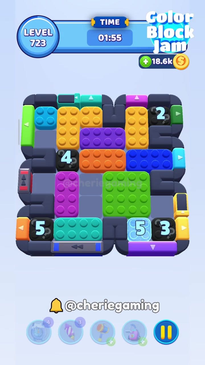 Color Block Jam Level 723 version 2 with black number blockers 2 3 4 5, light-blue 5 block, wide orange and green pieces