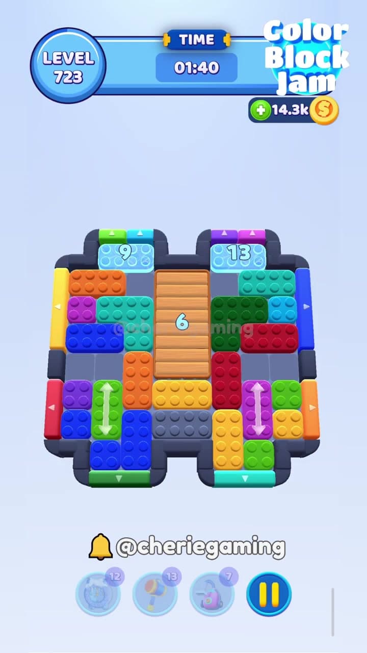 Color Block Jam Level 723 version 3 with central wooden crate 6, top light-blue 9 and 13 gates, and side color exits